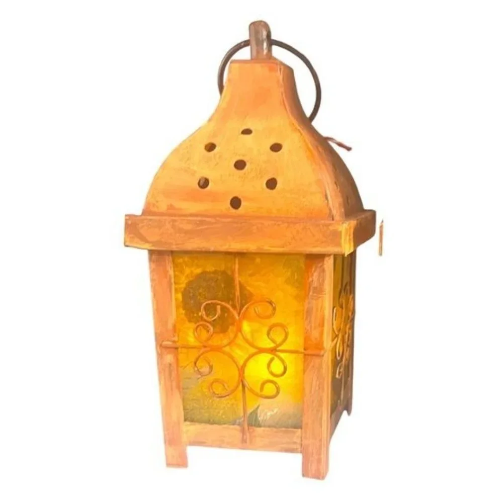 Decoupaged and Hand-Painted Candle Metal Lantern Candle Holder For Fall Decor